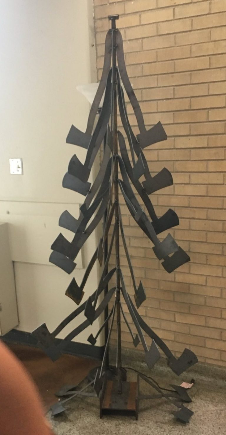 A hat-rack made from axes